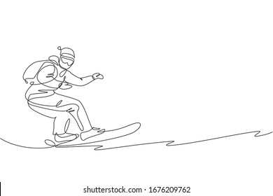 One continuous line drawing of young sporty man snowboarder riding snowboard in alps snowy powder mountain. Winter lifestyle sport concept. Dynamic single line draw design graphic vector illustration