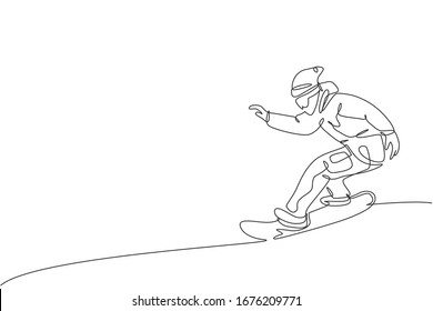 Un dibujo continuo de un joven deportista snowboarder montando snowboard en alpes en polvo de nieve. Concepto deportivo de estilo de vida invernal. Ilustración vectorial de diseño de línea única dinámica
