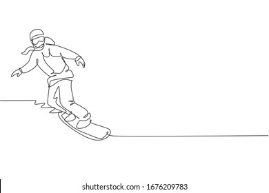 Un dibujo continuo de una joven deportista snowboarder montando snowboard en alpes en polvo de nieve. Concepto deportivo de estilo de vida invernal. Ilustración vectorial de diseño de línea única dinámica