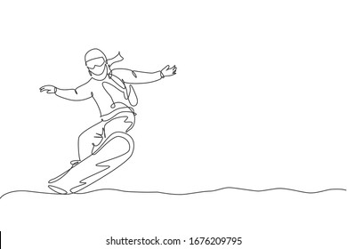 One continuous line drawing of young sporty man snowboarder riding snowboard in alps snowy powder mountain. Winter lifestyle sport concept. Dynamic single line draw graphic design vector illustration