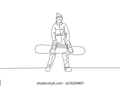 One continuous line drawing of young sporty man snowboarder holding snowboard board in alps snowy powder mountain. Winter lifestyle sport concept. Dynamic single line draw design vector illustration