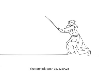 Eine kontinuierliche Zeichnung von jungen sportlichen Mann Ausbildung kendo Verteidigung bewegen Geschick im Dojo Zentrum. Gesundes Kampfkonzept für den Kampfsport. Dynamische Vektorillustration für Einzelzeilenzeichnung