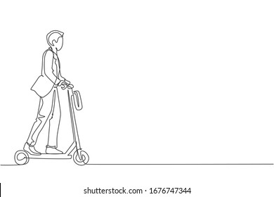 One continuous line drawing of young worker man ride electric scooter to go to the office. Green transportation. Future urban lifestyle concept. Dynamic single line draw design vector illustration