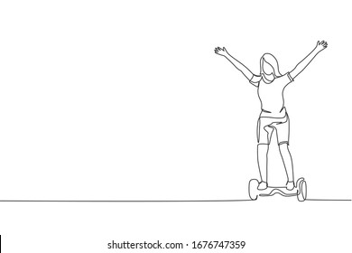 One continuous line drawing of young happy woman stand and ride hoverboard at outdoor park. Green transportation. Future urban lifestyle concept. Dynamic single line draw design vector illustration