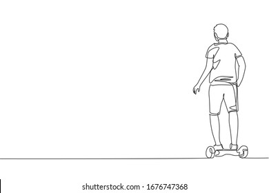 One continuous line drawing young happy man stand and ride hoverboard at outdoor park. Green transportation. Future urban lifestyle concept. Dynamic single line draw design vector graphic illustration