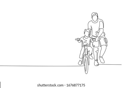 One continuous line drawing of young father help his boy kid learning to ride a bicycle at countryside together. Parenthood lesson concept. Dynamic single line draw design vector illustration graphic