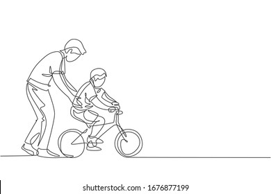 One continuous line drawing of young father help his boy kid learning to ride a bicycle at countryside together. Parenthood lesson concept. Dynamic single line draw design graphic vector illustration