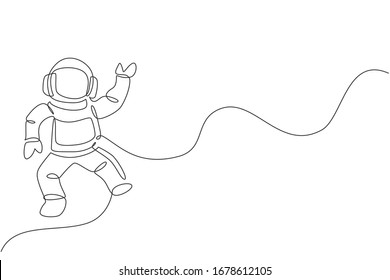 One continuous line drawing of young astronaut scientist exploring outer space in retro style. Spaceman cosmos discovery concept. Dynamic single line draw design graphic vector illustration