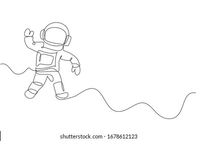 One continuous line drawing of young astronaut scientist exploring outer space in retro style. Spaceman cosmos discovery concept. Dynamic single line draw design graphic vector illustration