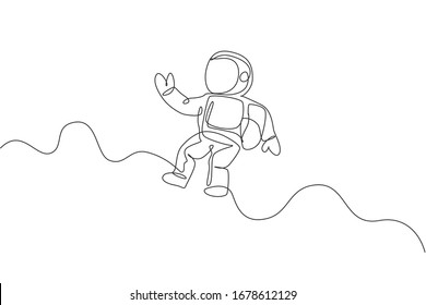 One continuous line drawing of young astronaut scientist exploring outer space in retro style. Spaceman cosmos discovery concept. Dynamic single line draw design vector graphic illustration