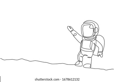 One continuous line drawing of young astronaut scientist exploring outer space in retro style. Spaceman cosmos discovery concept. Dynamic single line graphic draw design vector illustration