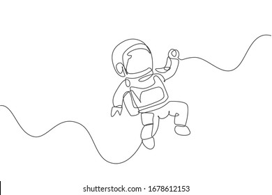 One continuous line drawing of young astronaut scientist exploring outer space in retro style. Spaceman cosmos discovery concept. Dynamic single line draw graphic design vector illustration