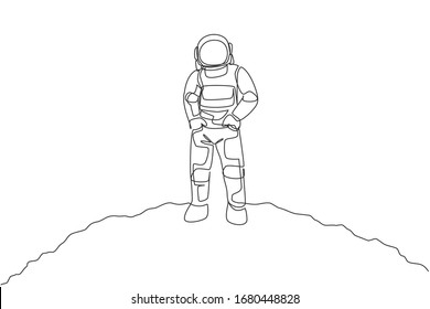 One continuous line drawing young spaceman spacesuit put hands in pockets in moon surface  Astronaut business office and deep space concept  Dynamic single line draw design vector illustration