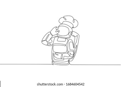 One continuous line drawing of young astronaut chef giving delicious hand gesture for tasty dish. Healthy cuisine food menu on restaurant concept. Dynamic single line draw design vector illustration