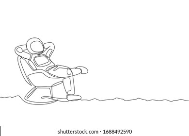 One continuous line drawing of young happy astronaut sleeping relax on reclining chair in moon surface. Space man deep space concept. Dynamic single line draw design vector graphic illustration