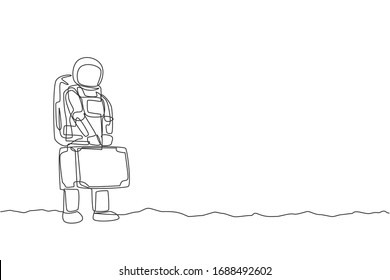 One continuous line drawing young happy astronaut holding big suitcase luggage want to travel in moon surface. Space man deep space concept. Dynamic single line draw design vector graphic illustration