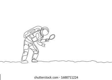 One continuous line drawing of young astronaut holding magnifier and search for foot trace in moon surface. Cosmic galaxy space concept. Dynamic single line draw graphic design vector illustration