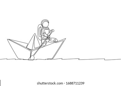 One continuous line drawing of young astronaut sailor rowing paper boat in sea ocean. Cosmic galaxy space concept. Dynamic single line draw design graphic vector illustration