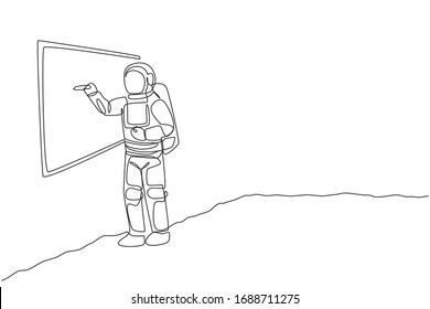 Un dibujo de línea continua de un joven astronauta explicando la fórmula y la escritura en pizarra en la superficie de la luna. Concepto de galaxia cósmica. Ilustración vectorial de diseño de línea única dinámica