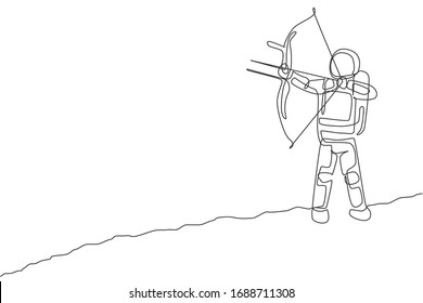 One continuous line drawing of young astronaut focus aiming archery into target in moon surface. Cosmic galaxy space concept. Dynamic single line draw design graphic vector illustration