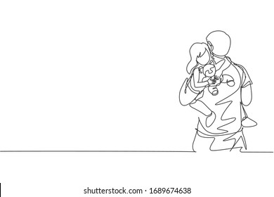 One continuous line drawing young happy father hugging his sleepy daughter while holding baby doll. Happy loving parenting family concept. Dynamic single line draw design vector graphic illustration