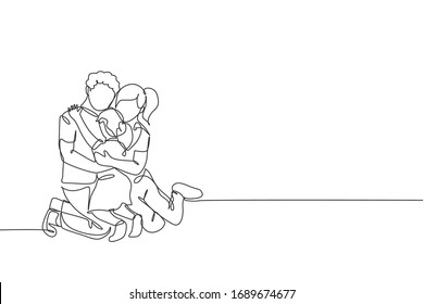 One continuous line drawing of young happy mom and dad hugging their daughter full of warmth . Happy loving parenting family concept. Dynamic single line draw design vector illustration graphic