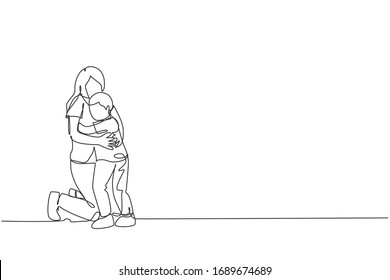 One continuous line drawing of young happy mother hugging her lovely son full of warmth at school. Happy loving parenting family concept. Dynamic single line draw design graphic vector illustration