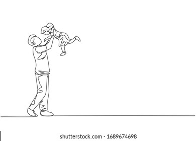 One continuous line drawing of young happy father raising his daughter up in the air, family play together. Happy loving parenting family concept. Dynamic single line draw design vector illustration