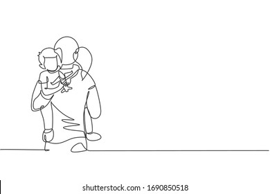 One continuous line drawing of young mother hugging her sleepy son while holding airplane toy at home, family life. Happy parenting concept. Dynamic single line draw design vector graphic illustration