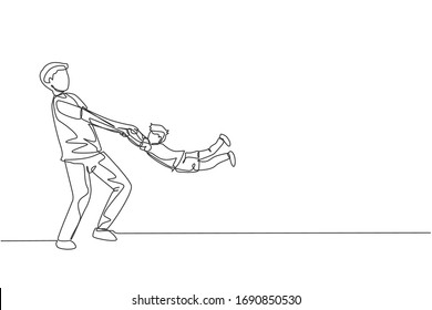 One continuous line drawing of young father raising and spinning his son up in the air at home, family life. Happy parenting concept. Dynamic single line draw design vector graphic illustration