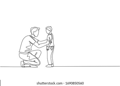 One continuous line drawing of young father giving some wise advice talk to his son at home, family life. Happy parenting concept. Dynamic single line draw graphic design vector illustration