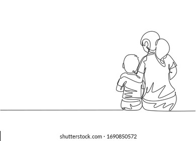 One continuous line drawing young mother talking and her son about goal   purpose life at home  family life  Happy parenting concept  Dynamic single line draw graphic design vector illustration