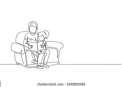 One continuous line drawing young dad siting on sofa and reading a storybook to his daughter at home, family life. Happy parenting concept. Dynamic single line draw design vector graphic illustration