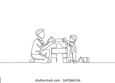 One Continuous Line Drawing Of Young Happy Dad Playing With Son Building House From Foam Puzzle Block Toy At Home. Family Time Parenting Concept. Dynamic Single Line Draw Design Vector Illustration