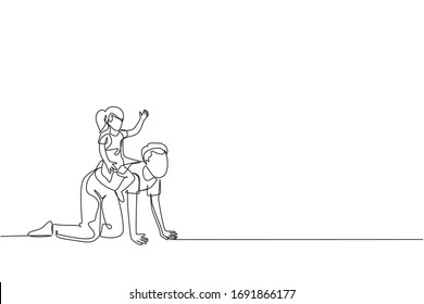 One continuous line drawing of young happy daughter playing with her father at home, siting and riding on father's back. Family parenting concept. Dynamic single line draw design vector illustration