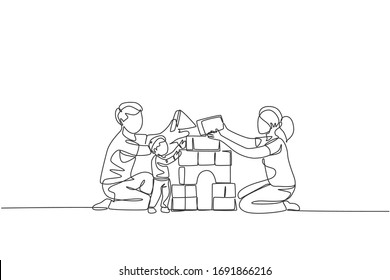 One Continuous Line Drawing Of Young Happy Mother And Father Playing With Son Building House From Foam Puzzle Blocks Toy At Home. Family Parenting Concept. Single Line Draw Design Vector Illustration