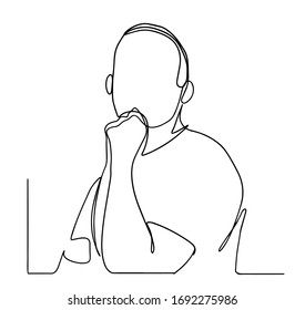 One continuous line drawing of young confused business man standing and focus thinking solution for his business failure. Think brightly concept single line draw design illustration