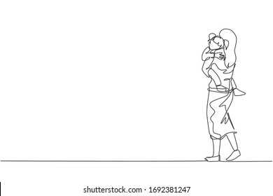 One continuous line drawing of young mother carrying her sleepy tired daughter go to the bed room. Happy family parenthood concept. Dynamic single line draw design graphic vector illustration