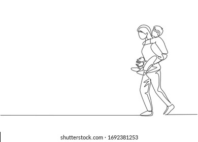 One continuous line drawing of young mother walking while carrying her sleepy tired son on back go to the bed room. Happy family parenthood concept. Dynamic single line draw design vector illustration