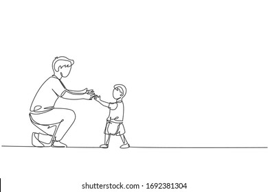 One continuous line drawing of young father ready to hug daughter who learned to walk towards him at home. Happy family parenthood concept. Dynamic single line draw design graphic vector illustration