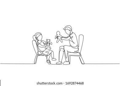 One continuous line drawing young father and his daughter siting on chair and playing princess doll together at home. Happy family concept. Dynamic single line draw design graphic vector illustration