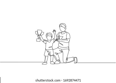 One continuous line drawing young dad congratulate his son who win first place trophy at study competition. Happy family parenthood concept. Dynamic single line draw graphic design vector illustration