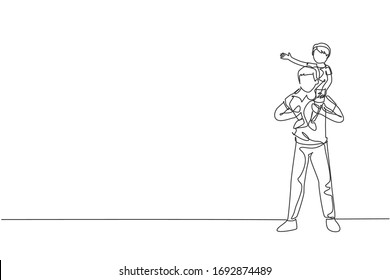 One continuous line drawing of young dad playing and carrying his cheerful son on his shoulder at home. Happy family parenthood concept. Dynamic single line draw design graphic vector illustration