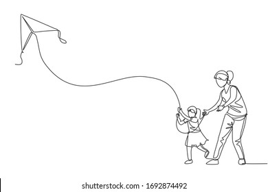 One continuous line drawing young mother   her daughter playing to fly kite up into the sky at outdoor field  Happy family parenthood concept  Dynamic single line draw design vector illustration