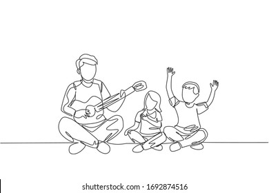 One continuous line drawing of young cheerful father playing guitar and singing together with kids at home. Happy family parenthood concept. Dynamic single line draw design vector illustration