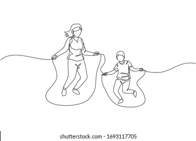 One continuous line drawing of young mother and his son train jumping with skipping rope at park near home. Happy family parenting concept. Dynamic single line draw graphic design vector illustration