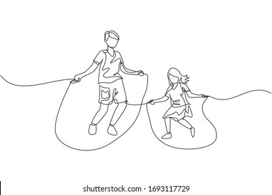 One continuous line drawing of young dad and his daughter practice jumping with skipping rope at park near home. Happy family parenting concept. Dynamic single line draw design vector illustration