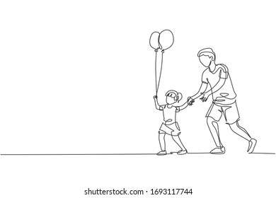 One continuous line drawing young dad and his daughter go to night carnival festival while the kid holding balloon. Happy family parenting concept. Single line draw design vector graphic illustration