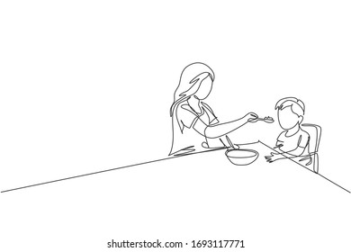 One continuous line drawing of young mom feeding her sick fever son while siting on dining chair at home. Happy family parenting concept. Dynamic single line draw graphic design vector illustration