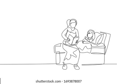 One continuous line drawing of young mom siting on bed room and reading story book to her daughter before sleeping. Happy family parenthood concept. Dynamic single line draw design vector illustration